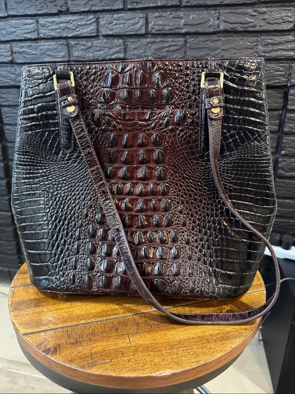 Brahmin Burgundy and Black Croc-Embossed Shoulder Bag